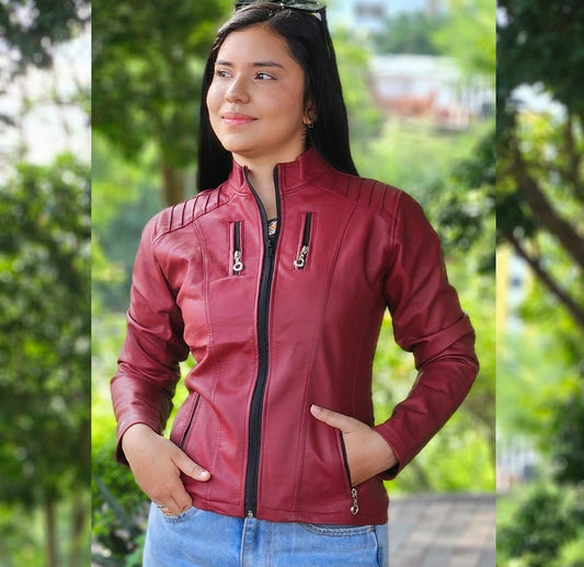 CHAQUETA CUERINA MUJER TIPO BIKER CON CUELLO MAO-LAURA CORTA MSF