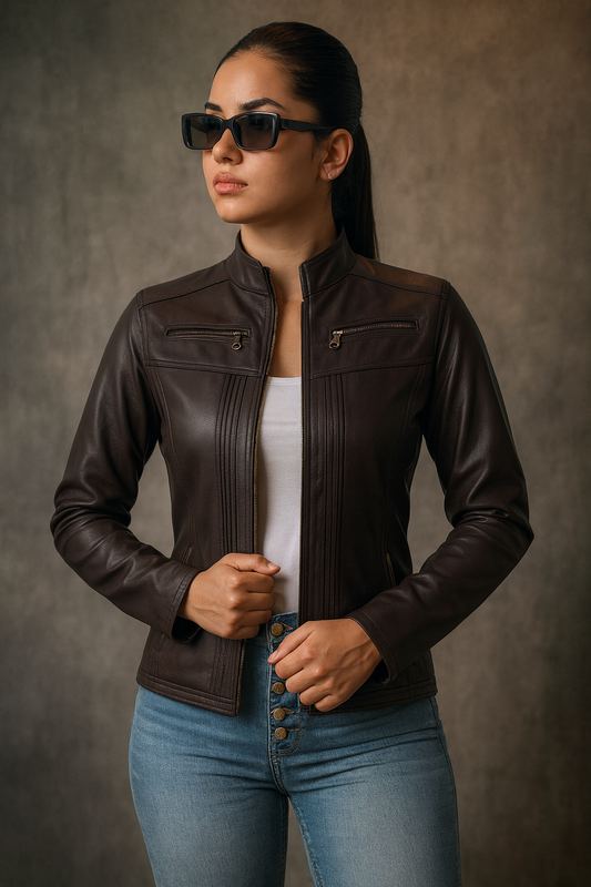 CHAQUETA CUERINA DAMA CORTA TIPO BIKER CON PLIEGUES-SARAH MSF