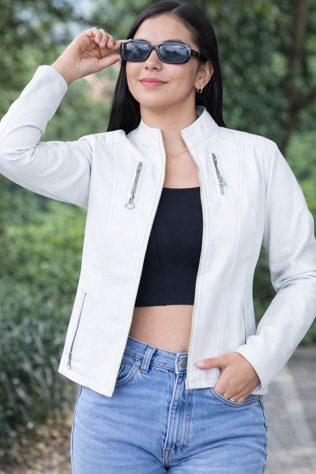 CHAQUETA CUERINA MUJER TIPO BIKER CON CUELLO MAO-LAURA CORTA MSF