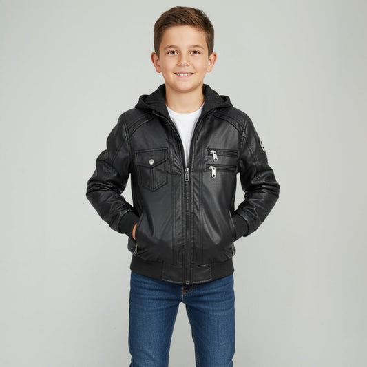 Chaqueta Cuerina Niño con Capota Removible - Versátil y Moderna-Referencia Mike