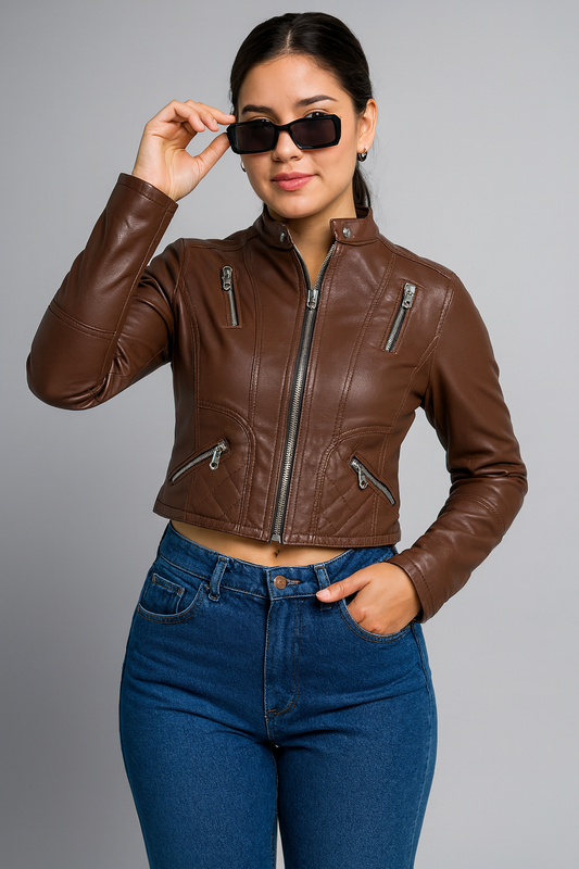 CHAQUETA CUERINA MUJER CORTA TIPO BIKER MOTORIZADA-NATALY MSF