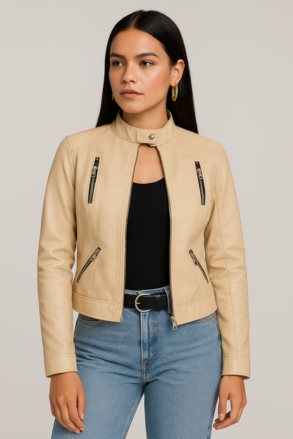 CHAQUETA CUERINA MUJER CORTA TIPO BIKER MOTORIZADA-NATALY MSF