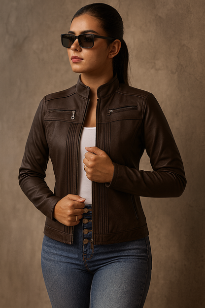CHAQUETA CUERINA DAMA CORTA TIPO BIKER CON PLIEGUES-SARAH MSF