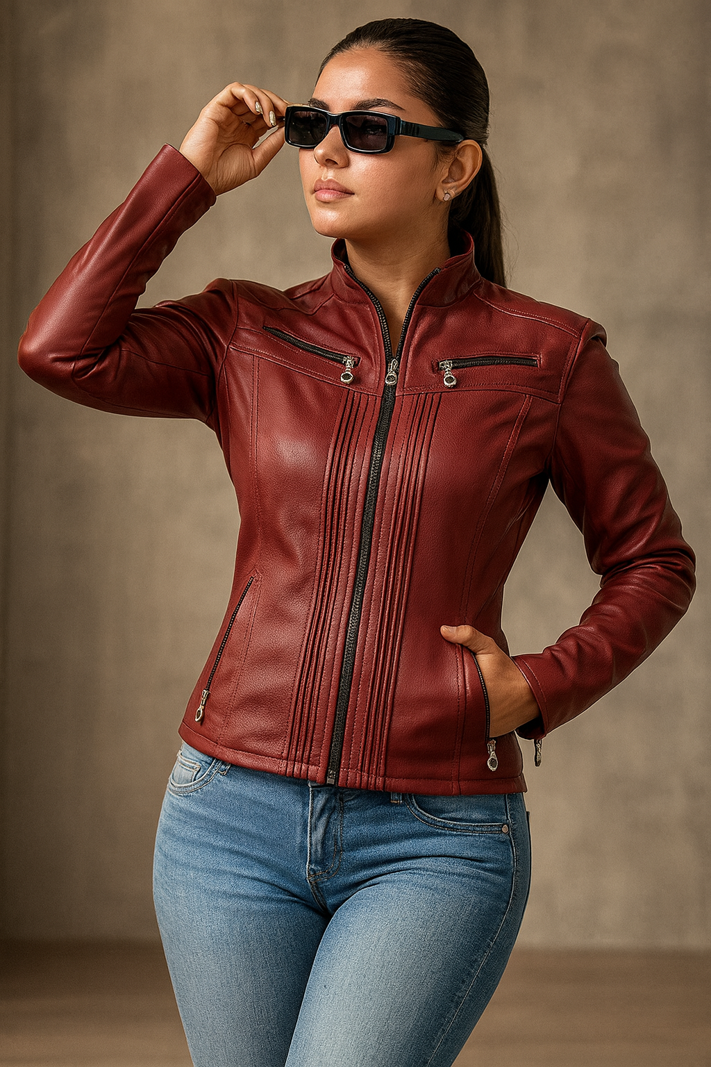 CHAQUETA CUERINA DAMA CORTA TIPO BIKER CON PLIEGUES-SARAH MSF