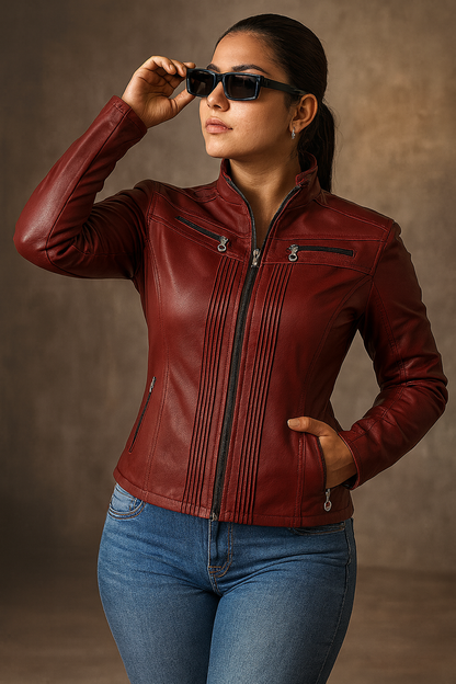 CHAQUETA CUERINA DAMA CORTA TIPO BIKER CON PLIEGUES-SARAH MSF