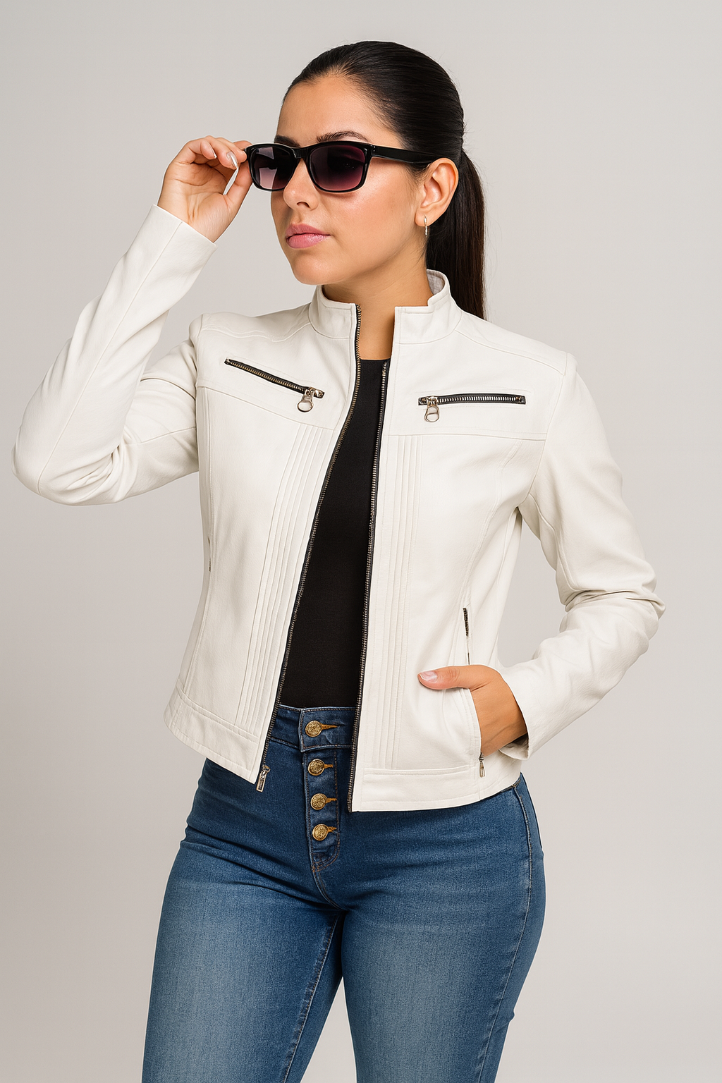 CHAQUETA CUERINA DAMA CORTA TIPO BIKER CON PLIEGUES-SARAH MSF