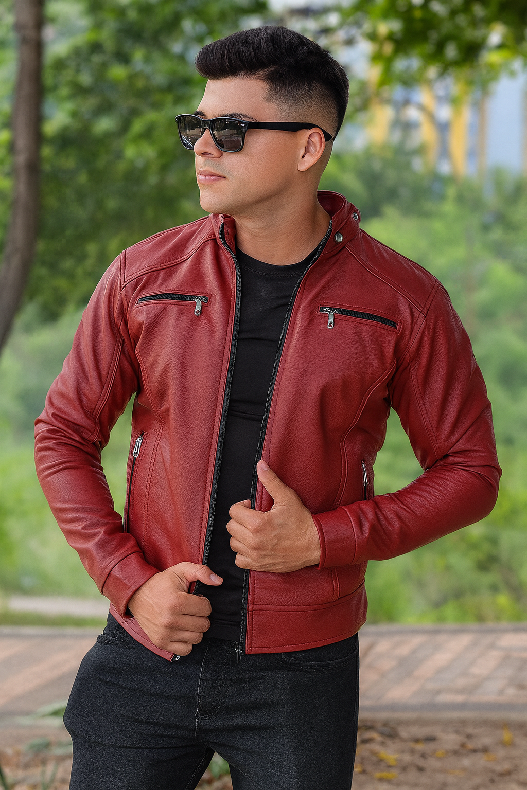 CHAQUETA CABALLERO CUERINA CON CUELLO DE DOBLE BROCHE-VENA BROCHE