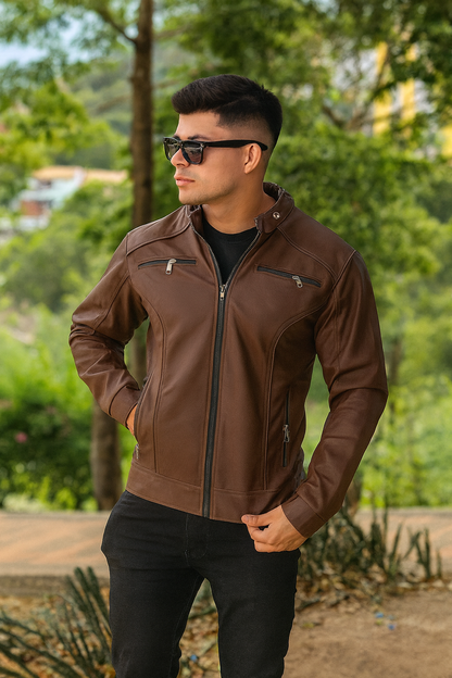 CHAQUETA CABALLERO CUERINA CON CUELLO DE DOBLE BROCHE-VENA BROCHE