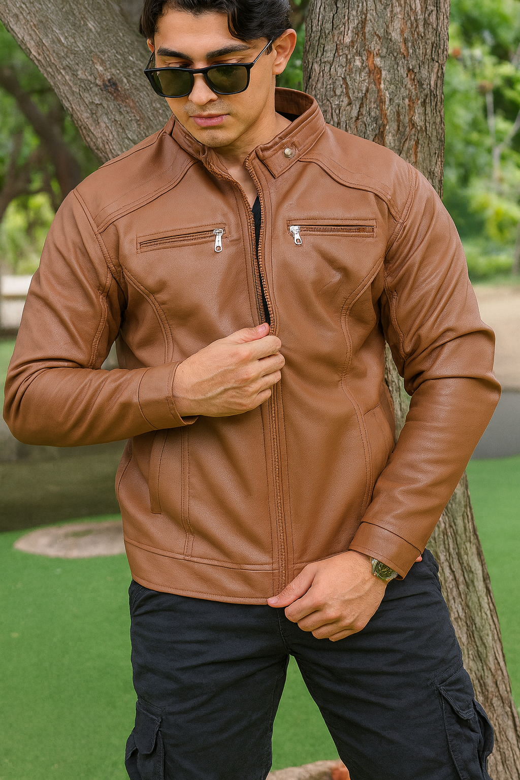 CHAQUETA CABALLERO CUERINA CON CUELLO DE DOBLE BROCHE-VENA BROCHE