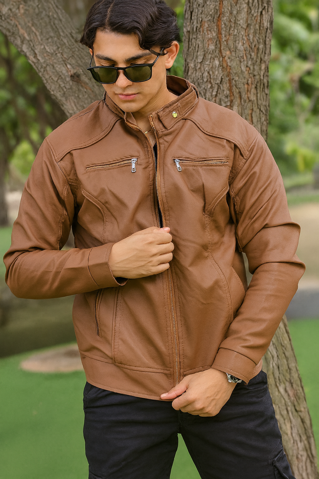 CHAQUETA CABALLERO CUERINA CON CUELLO DE DOBLE BROCHE-VENA BROCHE