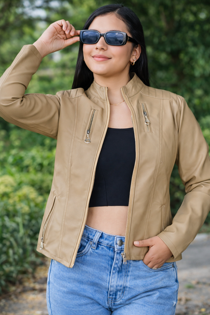 CHAQUETA CUERINA MUJER TIPO BIKER CON CUELLO MAO-LAURA CORTA MSF