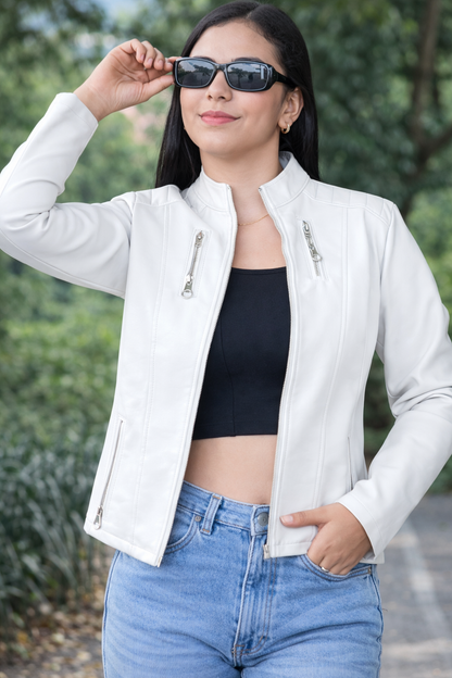 CHAQUETA CUERINA MUJER TIPO BIKER CON CUELLO MAO-LAURA CORTA MSF