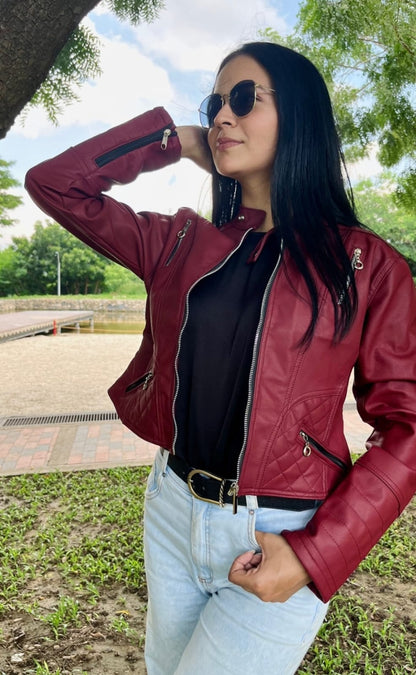 CHAQUETA CUERINA MUJER CORTA TIPO BIKER MOTORIZADA-NATALY MSF