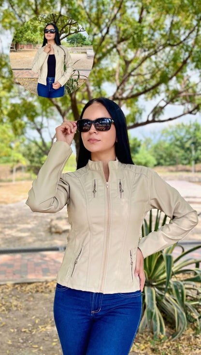 CHAQUETA CUERINA MUJER TIPO BIKER CON CUELLO MAO-LAURA CORTA MSF