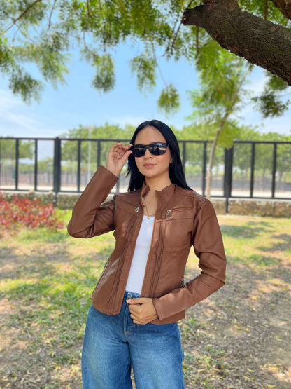 CHAQUETA CUERINA MUJER TIPO BIKER CON CUELLO MAO-LAURA CORTA MSF