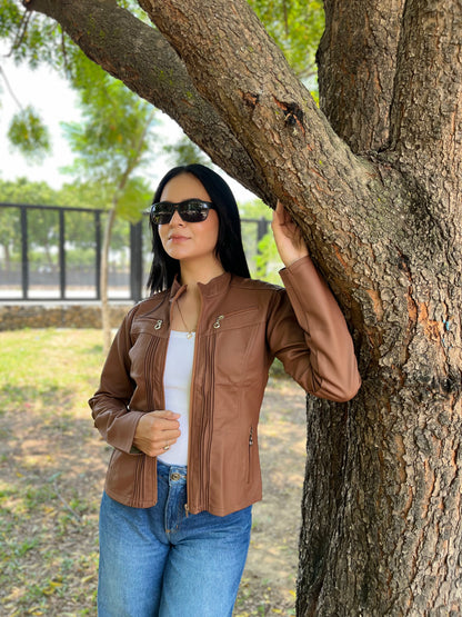 CHAQUETA CUERINA MUJER TIPO BIKER CON CUELLO MAO-LAURA CORTA MSF