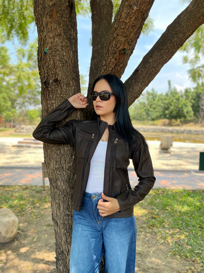 CHAQUETA CUERINA MUJER TIPO BIKER CON CUELLO MAO-LAURA CORTA MSF