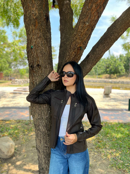 CHAQUETA CUERINA MUJER TIPO BIKER CON CUELLO MAO-LAURA CORTA MSF