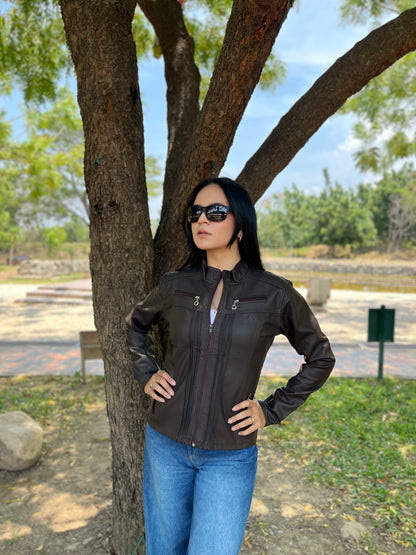 CHAQUETA CUERINA MUJER TIPO BIKER CON CUELLO MAO-LAURA CORTA MSF