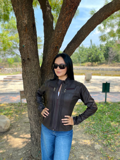 CHAQUETA CUERINA MUJER TIPO BIKER CON CUELLO MAO-LAURA CORTA MSF